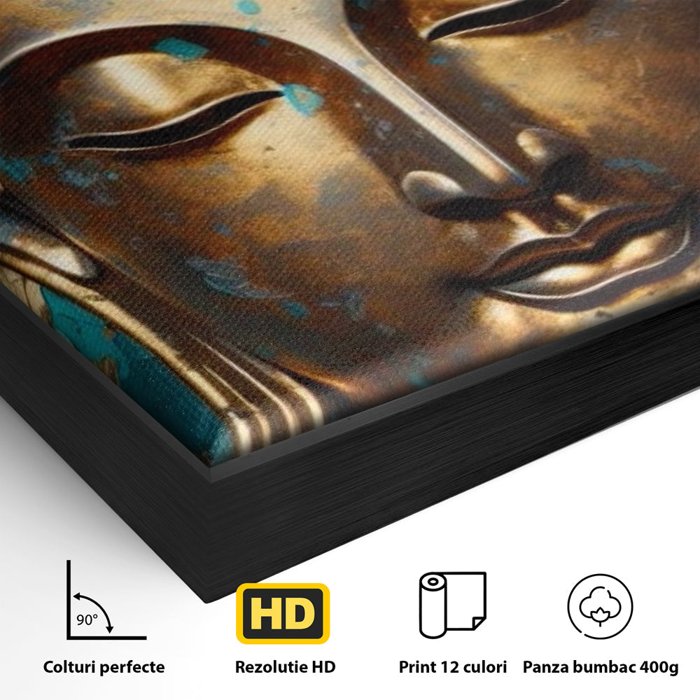 Detaliu al suprafetei: tablou canvas cu capul lui buddha aurit, in rama de aluminiu negru